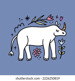 Doodle funky vector white rhino art on color background, cartoon clipart. Rare African adorable kind animal. Friendly rhinoceros character drawing. Editable isolated details. Baby childish style