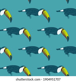 Doodle funny animal seamless pattern with simple toucan bird shapes. Blue background. Simple design. Flat vector print for textile, fabric, giftwrap, wallpapers. Endless illustration.