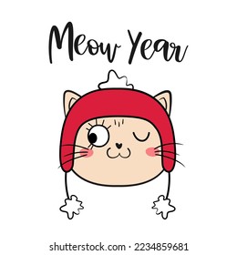 Doodle funny cat for Christmas and New year designs. Vector illustration.