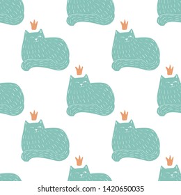 Doodle Funny Cats Seamless Pattern Design. Baby and Kids Textile and Wallpaper Background. Cute Pet Wrapping and Scrapbooking Vector Template. Hand drawn Kittens Fashion Background. 