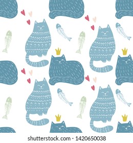 Doodle Funny Cats Seamless Pattern Design. Baby and Kids Textile and Wallpaper Background. Cute Pet Wrapping and Scrapbooking Vector Template. Hand drawn Kittens Fashion Background. 