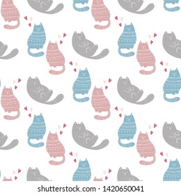 Doodle Funny Cats Seamless Pattern Design. Baby and Kids Textile and Wallpaper Background. Cute Pet Wrapping and Scrapbooking Vector Template. Hand drawn Kittens Fashion Background. 