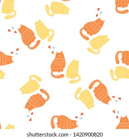 Doodle Funny Cats Seamless Pattern Design. Baby and Kids Textile and Wallpaper Background. Cute Pet Wrapping and Scrapbooking Vector Template. Hand drawn Kittens Fashion Background.