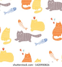 Doodle Funny Cats Seamless Pattern Design. Baby and Kids Textile and Wallpaper Background. Cute Pet Wrapping and Scrapbooking Vector Template. Hand drawn Kittens Fashion Background.