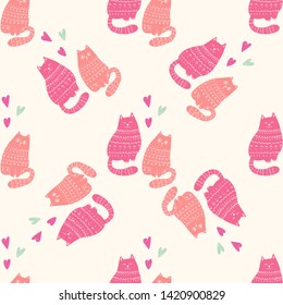 Doodle Funny Cats Seamless Pattern Design. Baby and Kids Textile and Wallpaper Background. Cute Pet Wrapping and Scrapbooking Vector Template. Hand drawn Kittens Fashion Background.