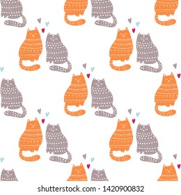 Doodle Funny Cats Seamless Pattern Design. Baby and Kids Textile and Wallpaper Background. Cute Pet Wrapping and Scrapbooking Vector Template. Hand drawn Kittens Fashion Background.