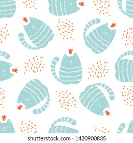 Doodle Funny Cats Seamless Pattern Design. Baby and Kids Textile and Wallpaper Background. Cute Pet Wrapping and Scrapbooking Vector Template. Hand drawn Kittens Fashion Background.