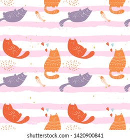 Doodle Funny Cats Seamless Pattern Design. Baby and Kids Textile and Wallpaper Background. Cute Pet Wrapping and Scrapbooking Vector Template. Hand drawn Kittens Fashion Background.