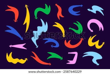 Doodle funny color bold arrows set. Bright funky curly arrow collection. Heavy direction symbol design for business plan or education