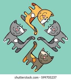 Doodle funny cute hand drawn cat and kitten. Cats vector. Vector illustration.