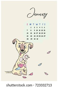 Doodle funny dog hugging a chicken calendar for the month of January 2018