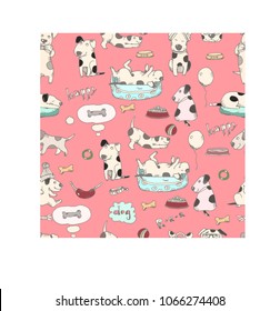 Doodle with funny dogs. Seamless pattern with puppies. Puppies life. Dogs pose drawing. Vector illustration. Vet symbol collection. Cartoon dogs.
