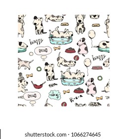 Doodle with funny dogs. Seamless pattern on white background. Puppies life. Dogs pose drawing. Vector illustration. Vet symbol collection. Cartoon dogs.