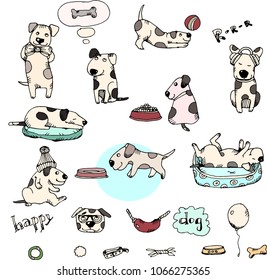 Doodle with funny dogs. Set with puppies on white background. Puppies life. Dogs pose drawing. Vector illustration. Vet symbol collection. Cartoon dogs.