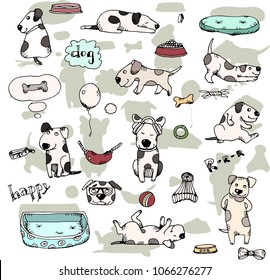 Doodle with funny dogs. Set with puppies and silhouette. Puppies life. Dogs pose drawing. Vector illustration. Vet symbol collection. Cartoon dogs.