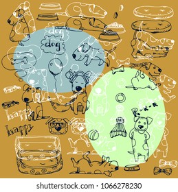Doodle with funny dogs. Set  with puppies on yellow background. Puppies life. Dogs pose drawing. Vector illustration. Vet symbol collection. Cartoon dogs.