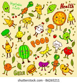 Doodle funny food set. Vector illustration.