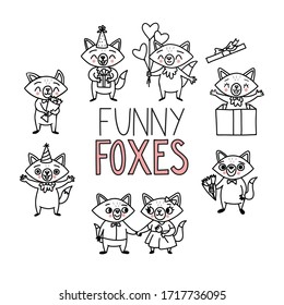 Doodle funny foxes. Happy cartoon characters for holidays. Vector hand drawn animals with balloon, gift box, bouquet, flower, couple, love and lettering