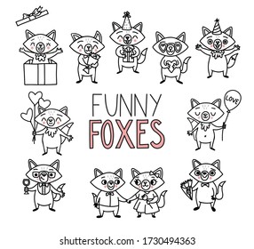 Doodle funny foxes. Happy cartoon characters for holidays. Vector hand drawn animals with balloon, gift box, bouquet, flower, couple, wine, love, and lettering