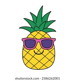 Doodle funny fruit pineapple with sunglasses isolated on white background vector. Pineapple summer fruit sticker. Funny pineapple cartoon character clip art. 