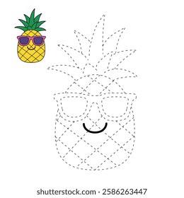 Doodle funny fruit pineapple with sunglasses isolated on white background vector. Pineapple summer fruit coloring Page. Pineapple trace and color. Funny pineapple cartoon character.