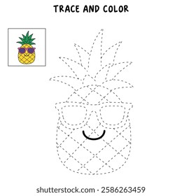 Doodle funny fruit pineapple with sunglasses isolated on white background vector. Pineapple summer fruit coloring Page. Pineapple trace and color. Funny pineapple cartoon character.