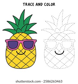 Doodle funny fruit pineapple with sunglasses isolated on white background vector. Pineapple summer fruit coloring Page. Pineapple trace and color. Funny pineapple cartoon character.