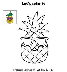 Doodle funny fruit pineapple with sunglasses isolated on white background vector. Pineapple summer fruit coloring Page. Pineapple trace and color. Funny pineapple cartoon character.