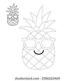 Doodle funny fruit pineapple with sunglasses isolated on white background vector. Pineapple summer fruit coloring Page. Pineapple trace and color. Funny pineapple cartoon character.
