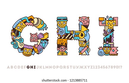 Doodle Funny Graphic Artistic Alphabet Letters G H I. Outline Color Vector Illustration.