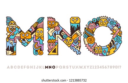 Doodle Funny Graphic Artistic Alphabet Letters M N O. Outline Color Vector Illustration.