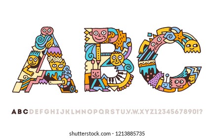 Doodle Funny Graphic Artistic Alphabet Letters A B C. Outline Color Vector Illustration.