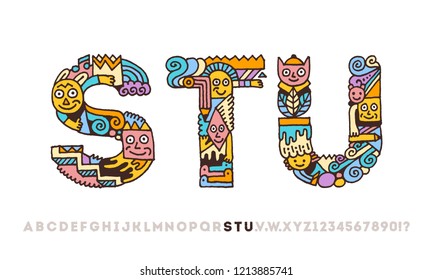 Doodle Funny Graphic Artistic Alphabet Letters S T U. Outline Color Vector Illustration.