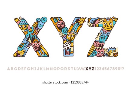 Doodle Funny Graphic Artistic Alphabet Letters X Y Z. Outline Color Vector Illustration.