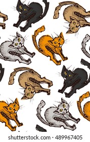 Doodle funny hand drawn cats seamless pattern. Vector pattern.