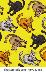Doodle funny hand drawn cats seamless pattern. Vector pattern.