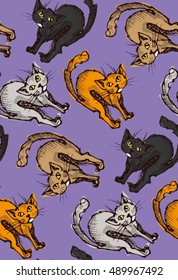 Doodle funny hand drawn cats seamless pattern. Vector pattern.