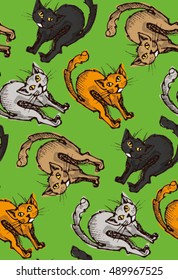 Doodle funny hand drawn cats seamless pattern. Vector pattern.