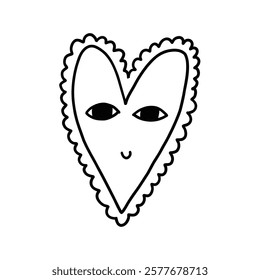 Doodle Funny Heart Character Face. Simple Love Mascot Shape. Hand Drawnn Vector Isolated Illustration