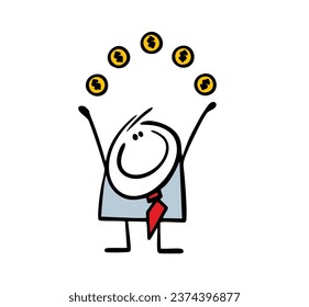 Doodle funny man in elegant business suit juggles gold coins with dollar sign at work. Vector illustration of carefree cartoon businessman. Circus act in the office. Character isolated on white.