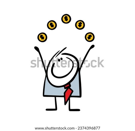 Doodle funny man in elegant business suit juggles gold coins with dollar sign at work. Vector illustration of carefree cartoon businessman. Circus act in the office. Character isolated on white.