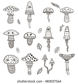 Doodle funny mushrooms set. Hand drawn emotion elements isolated on white background. Autumn and harvest symbols. Chindren coloring book template.