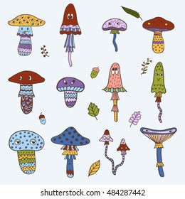 Doodle funny mushrooms set. Hand drawn emotion elements isolated on white background. Autumn and harvest symbols. Chindren coloring book template.