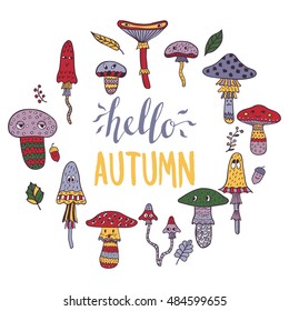 Doodle funny mushrooms set. Hand drawn emotion elements isolated on white background. Autumn and harvest symbols. Chindren coloring book template.