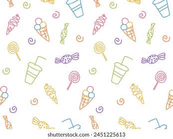 Doodle funny pattern with sweet food. Summer kids holidays. Children abstract sweets colorful background. Hand drawn Ice cream, candy, lollipop