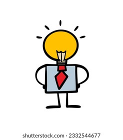 Doodle funny person with a human body and a head glowing with a light bulb. Vector illustration of a brilliant businessman in an office suit at work. Cartoon stick man character isolated.