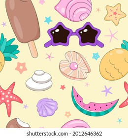 Doodle Funny Seashells On the Beach Seamless Pattern. Seaside seamless pattern with sand and seashells and pearls. Shells, pearls, starfish, clam, horns star glasses, ice cream, pineapple. Vector.