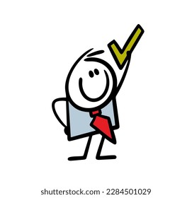 Doodle funny stickman in  office business suit holds  green consent tick. Vector illustration of hand drawn cartoon character and arrangement.