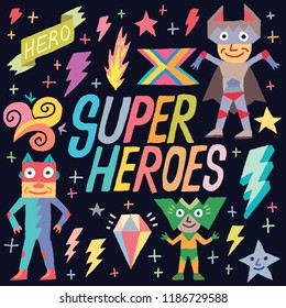 Doodle Funny Super Heroes Characters 1. Vector Illustration Black Background.