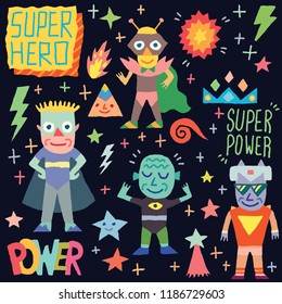 Doodle Funny Super Heroes Characters 2. Vector Illustration Black Background.